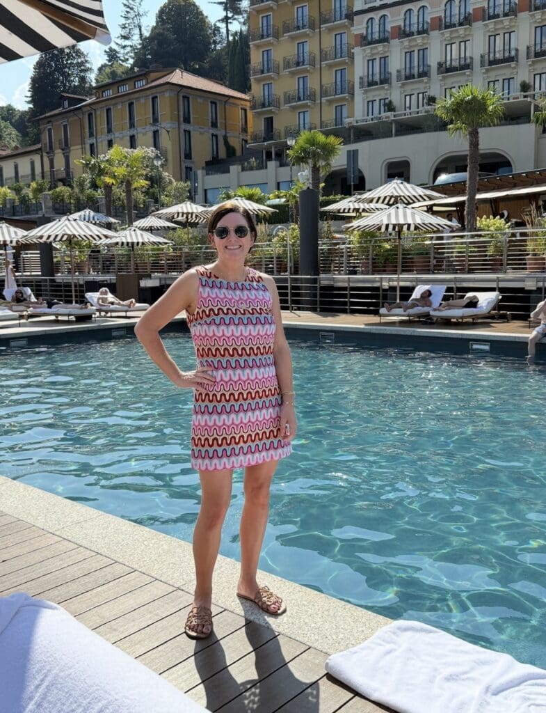 Emily poolside at the Lake Como EDITION's floating pool